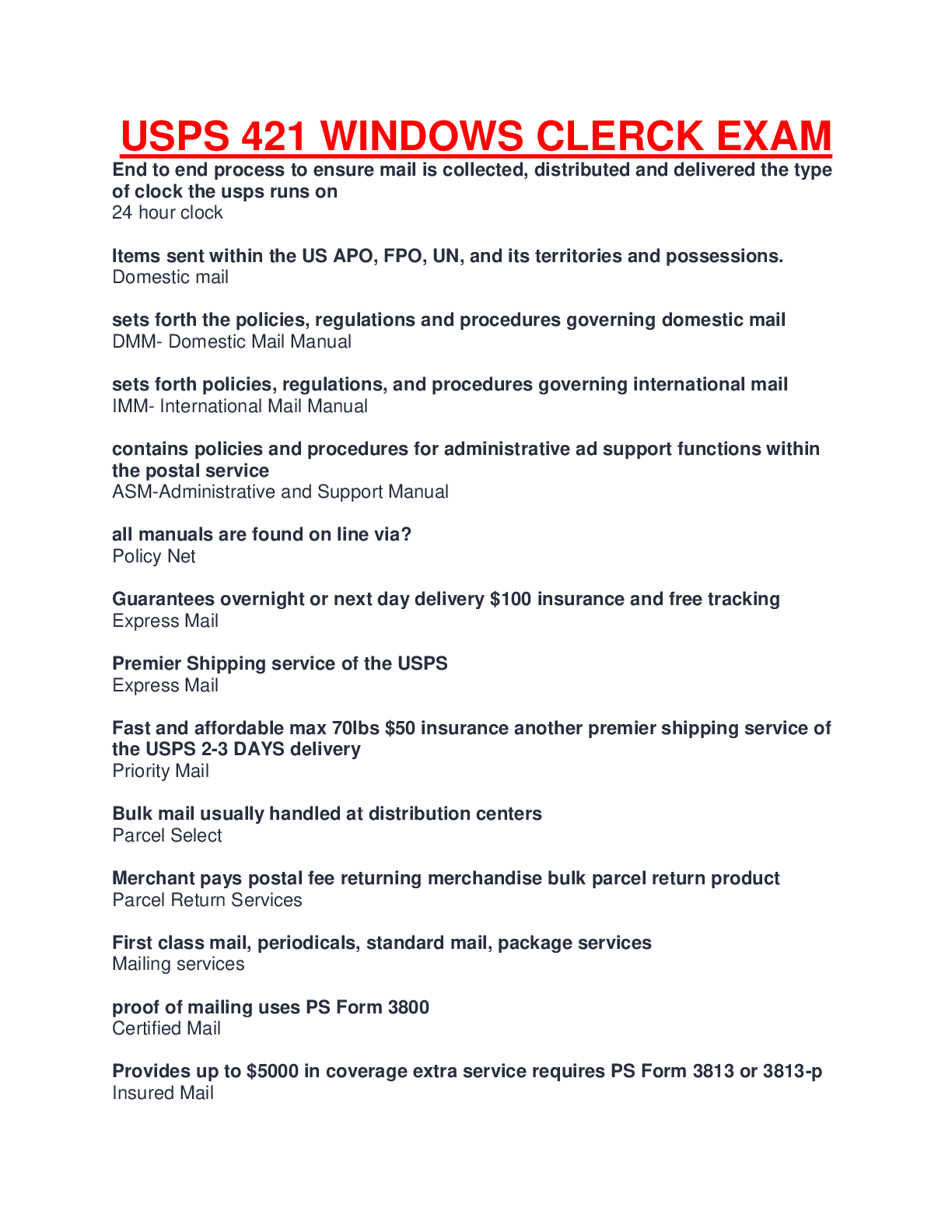 Preview of USPS 421 WINDOWS CLERK EXAM NEW LATEST AND UPDATED QUESTIONS AND ANSWERS
